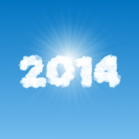 2014 shaped clouds in the blue sky with bright sun behind itのイラスト素材