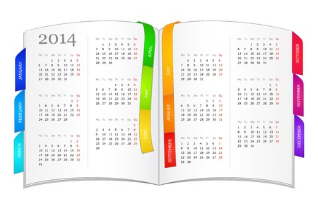 Open book with colored bookmarks and calendar for 2014 yearのイラスト素材