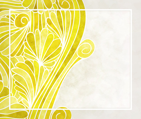 Watercolor background with yellow floral pattern, white frame and space for textのイラスト素材