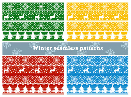 Set of vector seamless patterns with white christmas ornament of deer, snowflake and christmas tree on color backgroundのイラスト素材