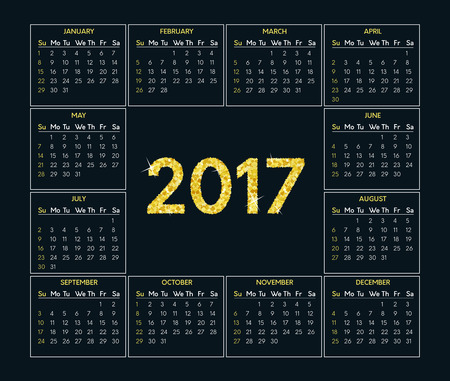 calendar for 2017 year on dark background with gold glitter text effect. Week starts on sunday