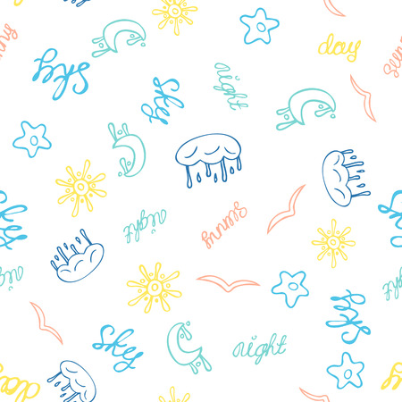 drawn seamless pattern with colored outline elements of weather symbols and letteringのイラスト素材