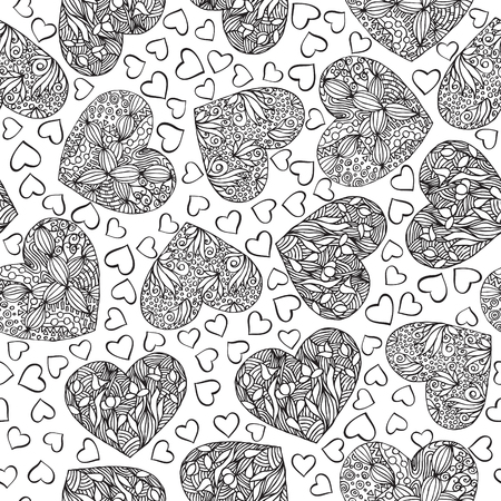 Vector hand drawn seamless pattern of hearts with abstract outline ornament. Adult coloring book page with hearts. Valentine day romantic wallpaperの写真素材