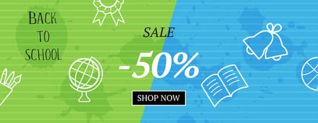 Back to school. Vector sale banner with outline signs and button shop nowのイラスト素材