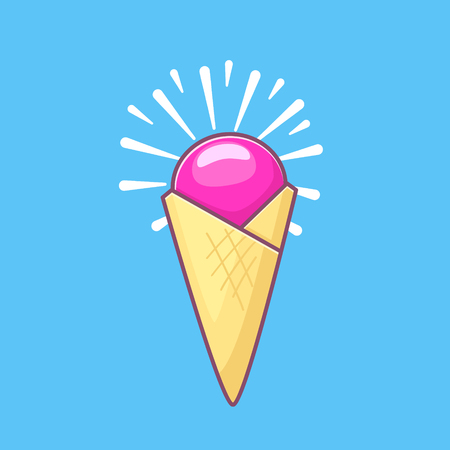 Ice cream . Vector cartoon ice cream with shiny rays on blue backgroundの写真素材