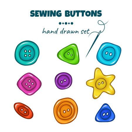Sewing buttons. Vector set of colorful hand drawn doodle buttons on white backgroundのイラスト素材
