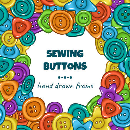 Sewing buttons. Vector colorful frame with hand drawn doodle buttonsのイラスト素材