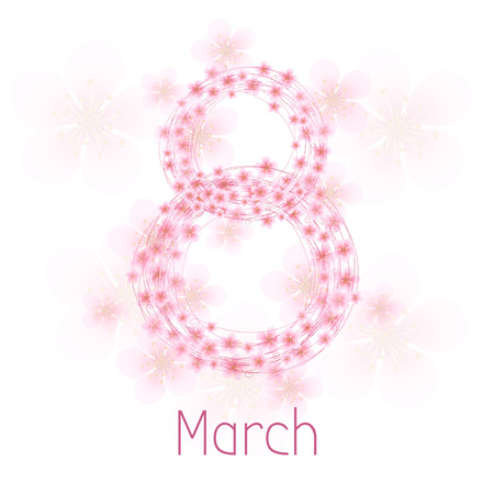 8 March with sakura flowers on white background. Vector greeting card for Womens dayのイラスト素材