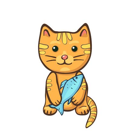 Cute orange cat holds fish. Funny animals vector illustration. Kitten character hugs food. Cartoon kitty pet with fish isolated on white backgroundのイラスト素材