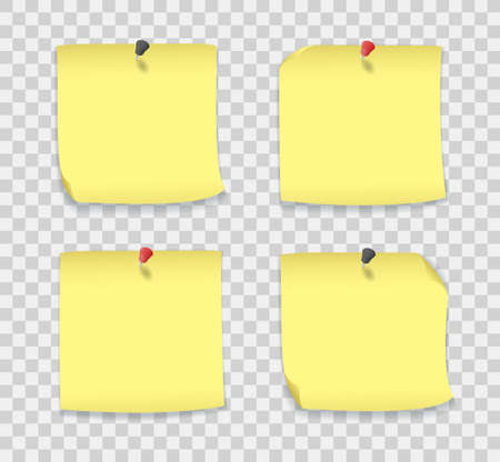 Yellow paper notes with pins, sticky pages for notice board isolated on transparent background. Vector realistic mockup of blank sheets, empty stickers with red and black pushpins and curled cornersのイラスト素材
