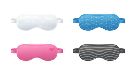 Sleep masks, blindfolds for night rest. Eyes cover for relaxation and slumber in airplane, hotel or home. Vector cartoon set of colored sleeping masks with heart, stars, lines and clouds patternのイラスト素材