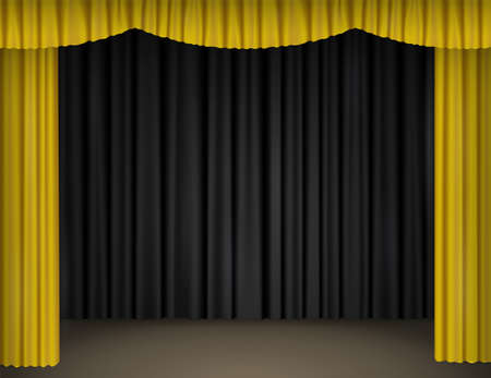 Theater stage with open yellow curtains and black drapes on background. Vector realistic illustration of empty scene of theatre, opera, cinema or circus with velvet draperyのイラスト素材