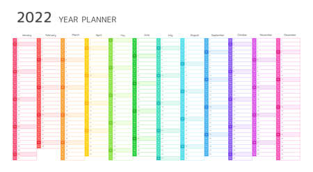 Year planner, 2022 calendar with monthly vertical grid. Template planner for schedule, events and holidays. Vector business organizer, calender grid in rainbow colorsのイラスト素材