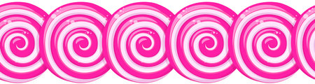 Pink lollipops row, border of twisted sucker candies. Vector cartoon abstract background, horizontal seamless pattern with strawberry or cherry hard sugar caramel, lollypop with spiral stripsのイラスト素材