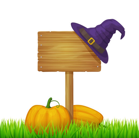 Wooden board on post in green grass. Signboard from wood planks on lawn or field. Vector realistic old timber signpost for farm, country or rural scene isolated on transparent backgroundのイラスト素材