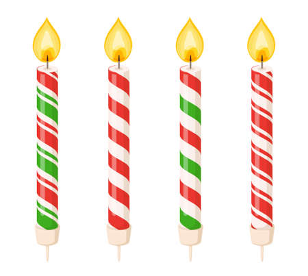 Cake candles with fire flame and red and green spiral strips. Small wax sticks with burning wick for traditional winter decoration. Vector cartoon set of candles for holiday party or Christmas decorのイラスト素材