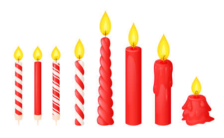 Red wax candles with flame in different stages of burn, twisted and striped. Vector cartoon set of paraffin candles with fire and wax drips. Festive decoration for birthday cake, Halloween, New Yearのイラスト素材