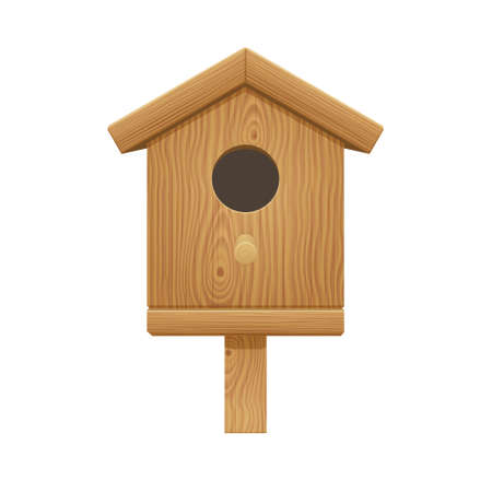 Wooden birdhouse, small bird house isolated on white background. Vector realistic illustration of nest box from brown wood with hole, stick and roof for garden or parkのイラスト素材