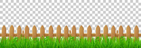 Wooden picket fence and green grass, backyard, garden lawn or grassland landscape. Vector realistic seamless border with barrier with brown wood texture and summer meadow plantsのイラスト素材