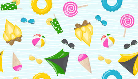Summer seamless pattern with icons and wavy lines
