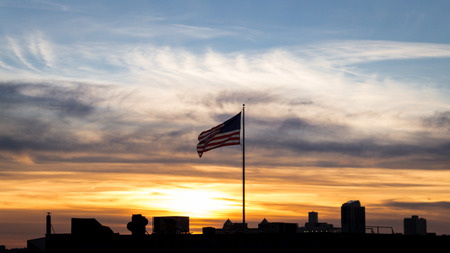 Flag and Sunset from High Line NYC USAの写真素材