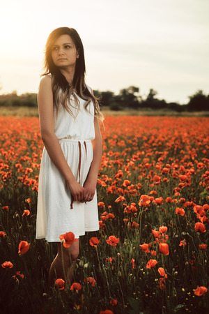 Beautiful young girl on poppy field with dressの写真素材