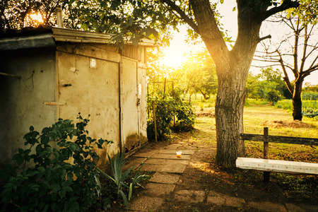 Old hut in a gardenの写真素材