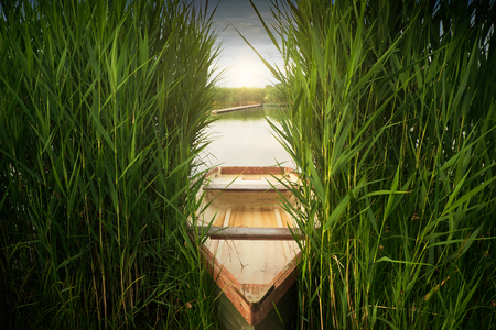Rowboat on a lakeの写真素材