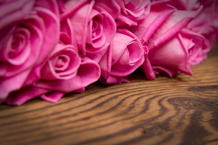 Photo of rose blooms on wooden bacgkroundの写真素材