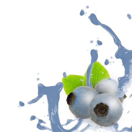 Photo of blueberries with leaf and splash isolated on whiteの写真素材