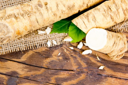 Photo of horseradish root with slice on burlap and wooden boardの写真素材