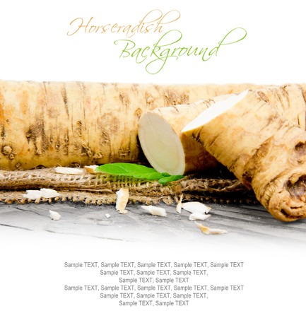 Photo of horseradish root with slice on burlap with white spaceの写真素材
