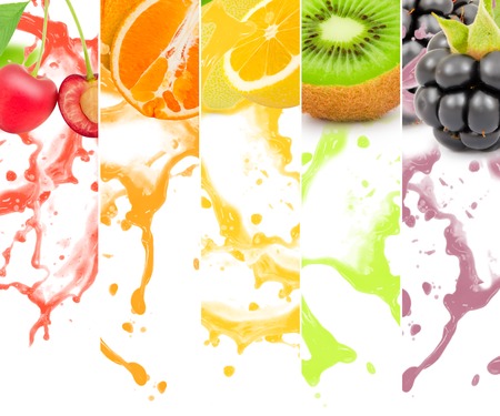 Rainbow colorful fruit stripe collection with splash on white backgroundの写真素材