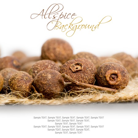 Macro photo of allspice on burlap with white spaceの写真素材