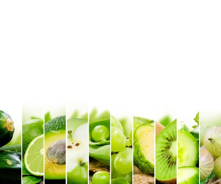 Photo of fruit and vegetable mix with green color and white spaceの写真素材
