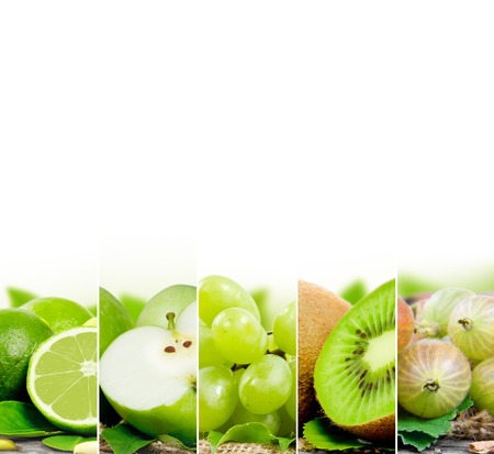 Photo of fruit and vegetable mix with green color and white spaceの写真素材
