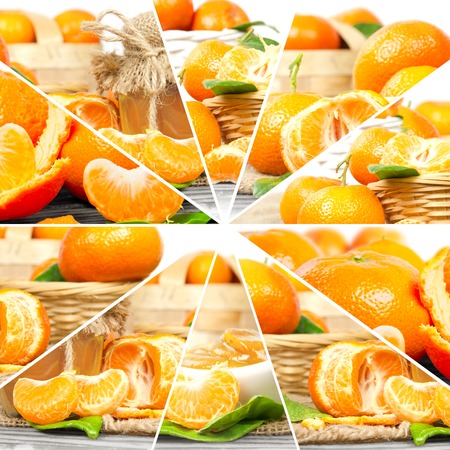 Photo of fresh tangerine abstract mix in baskets and bowls with marmalade jar; healthy eating; white space for textの写真素材