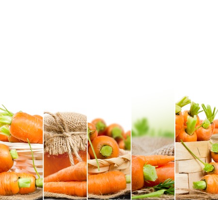 Photo of fresh carrot abstract horizontal mix with basket and puree glassの写真素材