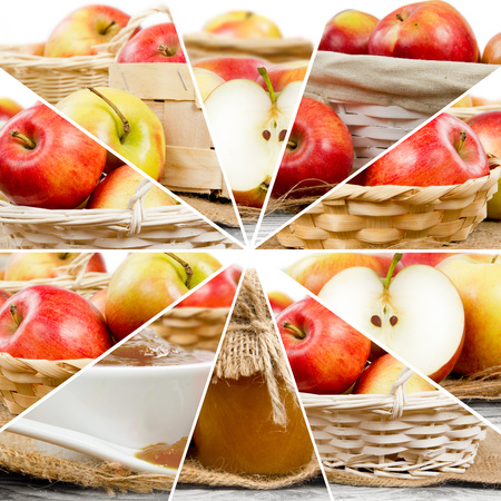 Photo of fresh apple abstract mix in baskets with puree jarの写真素材