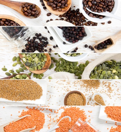 Photo of colorful seed mix stripes on white wooden surfaceの写真素材
