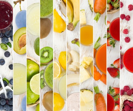 Photo of colorful fruit and drink mix on white wooden boards; healthy eating concept; top viewの写真素材