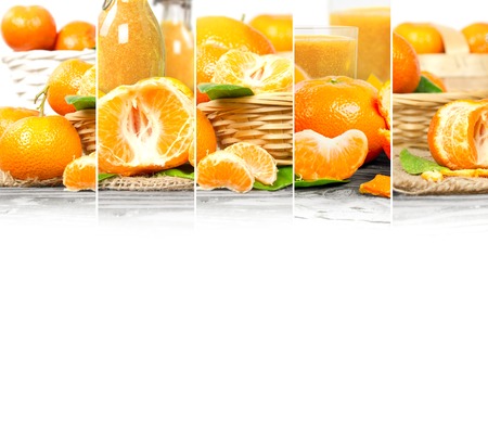 Photo of fresh tangerine abstract mix in baskets and bowls with juice and marmalade; healthy eating; white space for textの写真素材