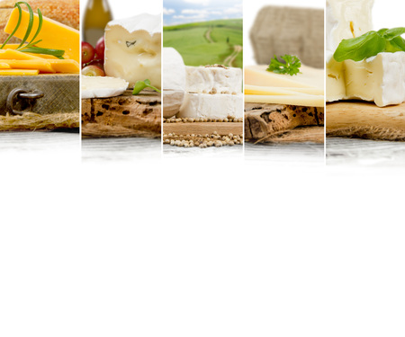 Photo of various kinds of cheese abstract mix with wine, pepper spice and nuts; white space for textの写真素材