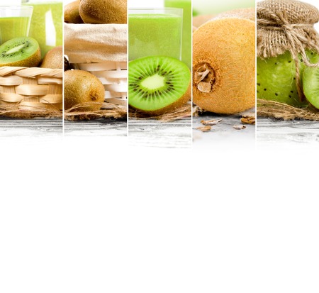 Photo of fresh kiwi abstract mix in baskets and bowls with juice and marmalade; healthy eating; white space for textの写真素材