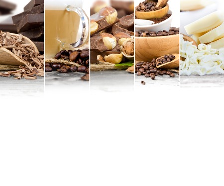 Photo of mix stripes with coffee beans and chocolate bars with, coffee grinder, cup and bowls; white space for textの写真素材