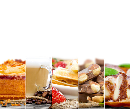 Photo of mix stripes with cakes, desserts, sweets, coffee and chocolate; white space for textの写真素材