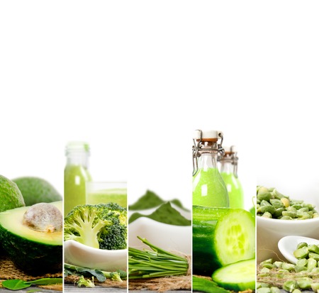 Photo of green vegetable, seeds and superfood abstract mix slices with drinks; healthy eating, dieting and detoxication concept; white space for textの写真素材