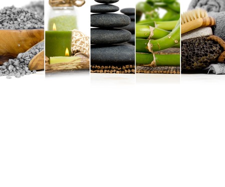 Photo of abstract mix stripes lava stones, candles and salt; green and gray colors; spa and wellness concept; white space for textの写真素材