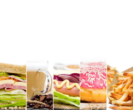 Photo of mix stripes with various kinds of fast, sweet food and drinks; white space for textの写真素材