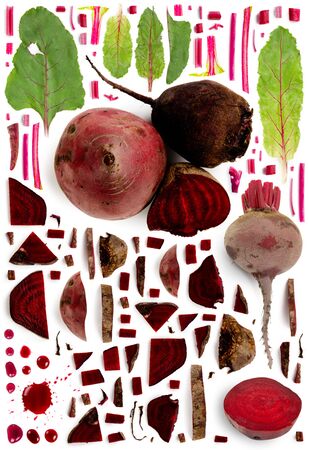 Large collection of beetroot vegetable pieces, slices and leaves isolated on white background. Top view. Seamless abstract pattern.の写真素材